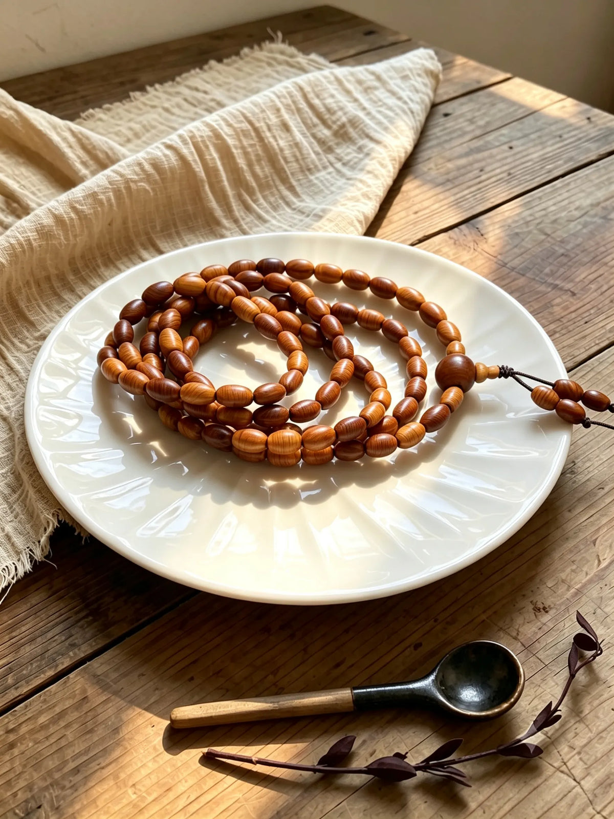 Grain-textured Thuja wood bead necklace