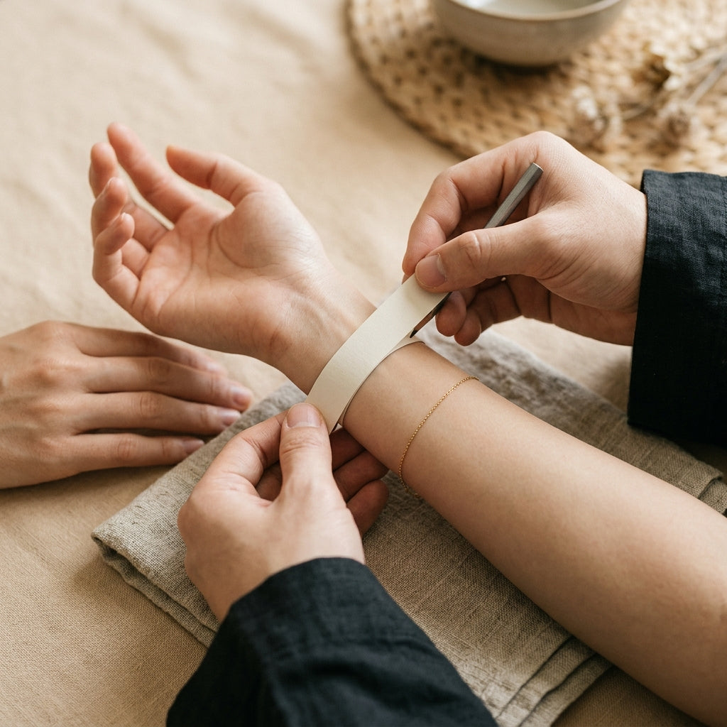 Measuring wrist with paper strip for bracelet size