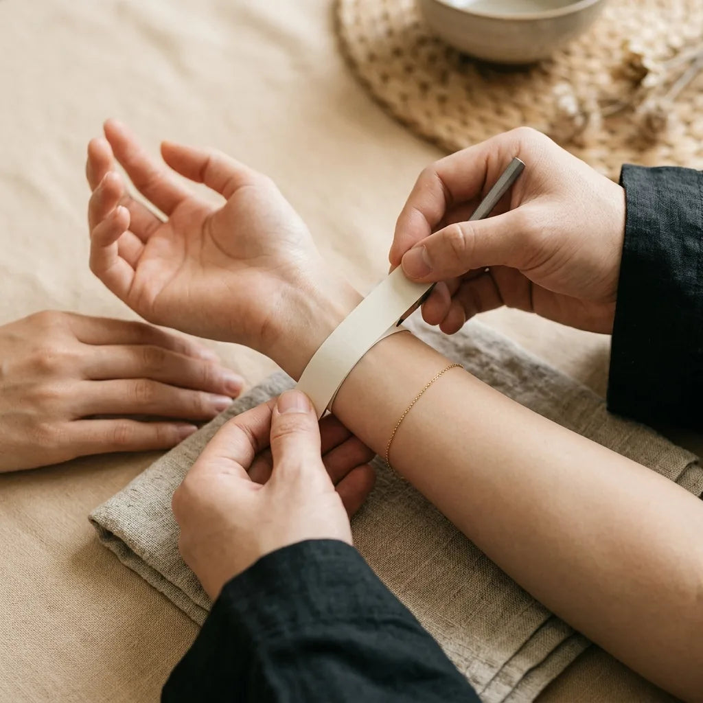Measuring wrist with paper strip for bracelet size