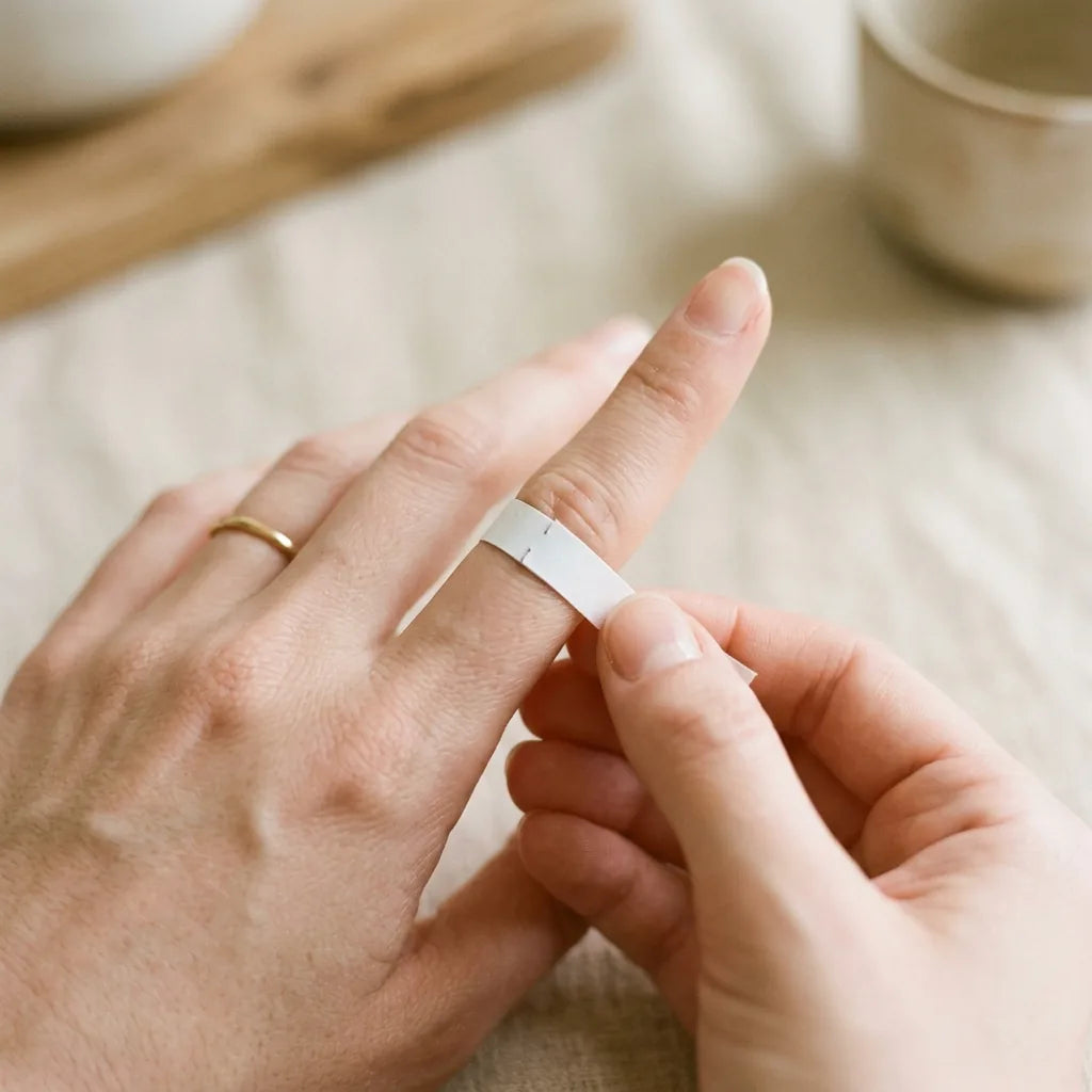 Wrapping finger with paper strip to measure ring size